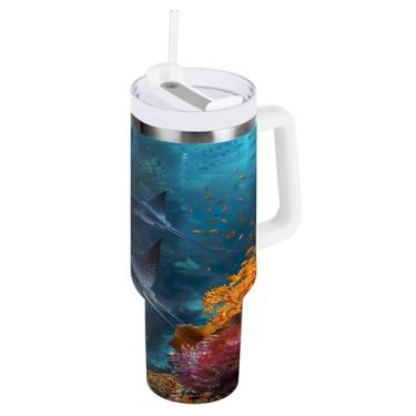 Imagem de Blueangle Copo isolado de 850 g com alça e tampa de canudo - Caneca de viagem de aço inoxidável à prova de vazamento, garrafa de água elegante a vácuo de parede dupla com raios de águia (990)
