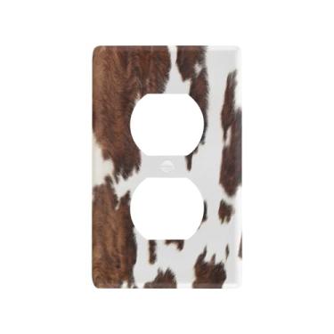 Imagem de Blueangle Placa de parede com estampa de vaca branca e marrom, tamanho padrão, placas de cobertura de tomada elétrica de 1 gangue para decoração de quarto de escritório em casa, 4,53 x 2,76 polegadas