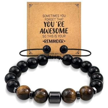 Imagem de MUIIGOOD Pulseiras masculinas de pedra natural, olho de tigre de 10 mm, feitas à mão, pulseiras de proteção tripla com contas