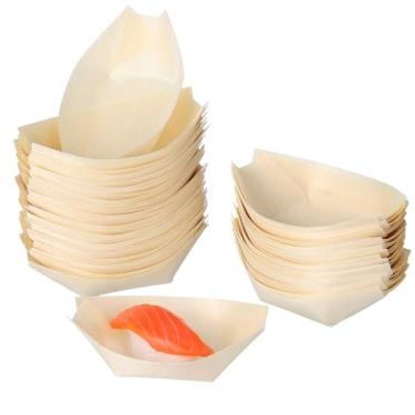 Imagem de DECHOUS 50 peças de mini barcos de madeira de bambu, 7,6 cm, pratos descartáveis de madeira para sushi, servir em casa, catering