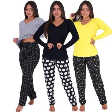 Imagem de Kit 3 Pijamas Feminino Manga Longa Frio Inverno Vitória-Feminino