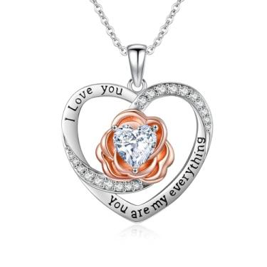 Imagem de Colar de coração rosa para mulheres, ouro rosa 14K, preenchido com pingente I Love You, aniversário, Natal, Dia dos Namorados, presentes para mulheres, esposa, filha, pedra do mês de nascimento com