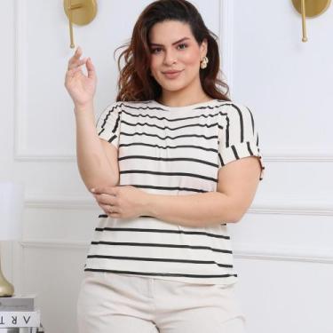 Imagem de Blusa Feminina Manga Curta Japonesa Dobrada Listrada Casual Confort - 