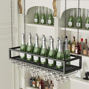 Imagem de Rack de teto para copos de vinho, armário suspenso de metal, prateleira flutuante de bar industrial, rack de garrafa de vinho ajustável em altura, rack de armazenamento de copo de vinho para