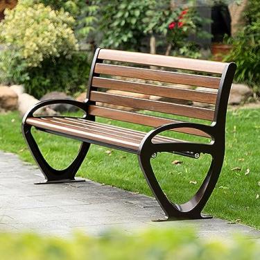 Imagem de Banco de jardim para pátio, banco de terraço com encosto, apoio de braço e moldura resistente à ferrugem, cadeira de namoradeira, banco de metal ao ar livre, para 2-3 pessoas ao ar livre no terraço