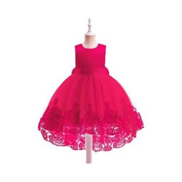 Imagem de Vestido De Dama De Honra Em Tule Rosa Para Meninas Com Laço De Flor, V