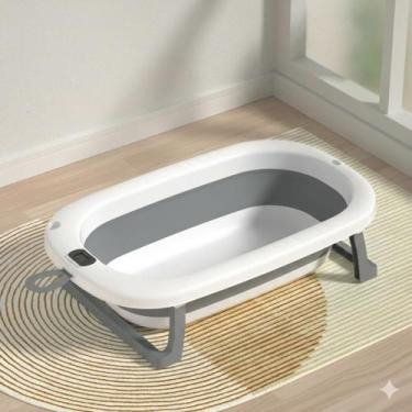 Imagem de Banheira Infantil Com Termômetro Retrátil Grande E Dobrável Para Bebê 