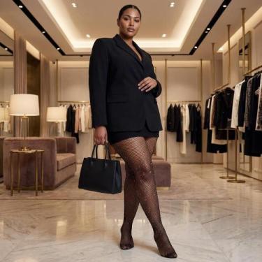 Imagem de Meia Arrastão Brilhante Festa Sexy Luxo Preta Único - Congratulations 