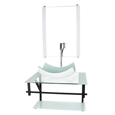 Imagem de GABINETE DE VIDRO PARA BANHEIRO 60CM AP CUBA RETANGULAR CURVADA BRANCO COM TORNEIRA CROMADA