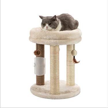 Imagem de MECOOL Árvore de gato pequena 4 em 1, poste arranhador com cama macia de torre, postes de juta de carpete de sisal com três brinquedos de bola pendurada e escova de massagem para gatos e gatinhos