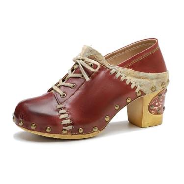 Imagem de Socofy Sapatos de couro, botas femininas de cano curto, colorido, vintage, salto bloco, Oxford, sapatos com cadarço, salto grosso, floral, sapatos para festas de casamento, Vermelho/marrom, 10