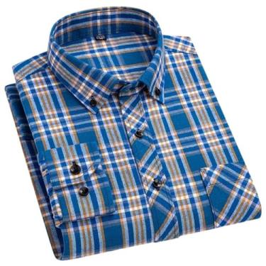 Imagem de Camisa xadrez masculina de manga comprida com bolso único e ajuste padrão de flanela, 7712, M