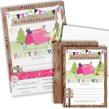 Imagem de Convites de acampamento para chá de bebê para meninas, 20 5x7 convites de acampamento de preenchimento dupla face com vinte envelopes brancos cartões de acampamento Wanna-havea-baby da AmandaCreation