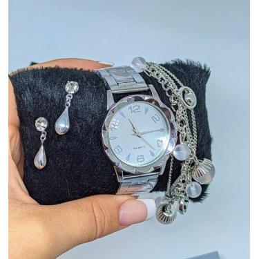 Imagem de Kit Relógio Feminino Aço Inox Quartz Analógico redondo Luxo Dourado Ro