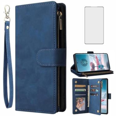 Imagem de Asuwish Compatível com Motorola Edge 40 Neo - Capa Carteira Protetora de Tela de Vidro Temperado e Capa Flip de Couro - Suporte - Azul