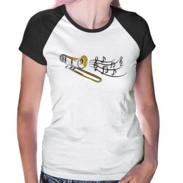 Imagem de Baby Look Raglan Trombone Notas Musicais - Foca na Moda, Branco, Preto