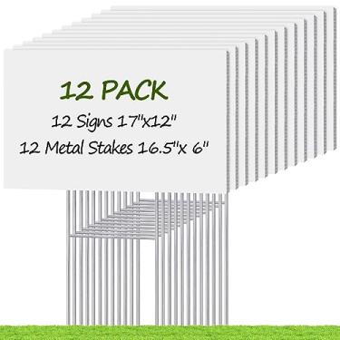 Imagem de Placas de jardim em branco com estacas, placa de venda de quintal personalizada Remiawy, pacote com 12 placas de plástico ondulado de 45 x 30 cm, placas de gramado de dupla face para venda de quintal, venda de garagem, casa aberta, decoração de aniversário