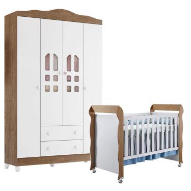 Imagem de Berço Americano e Guarda Roupa Infantil Mirelle e New Selena 4 Portas 2 Gavetas MDF e MDP 154 cm Branco Acetinado