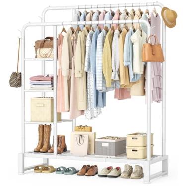 Imagem de Suporte de varas duplas com prateleiras de armazenamento de 4 níveis, suporte para pendurar roupas, multifuncional, organizador de roupas resistente com ganchos para quarto, guarda-roupa, loja, branco