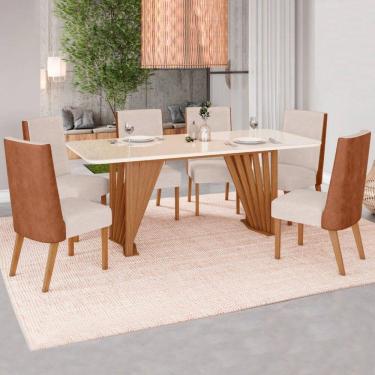 Imagem de Mesa de Jantar 6 Lugares Lívia com Vidro Natural/Courino/Linho - Pnr Móveis