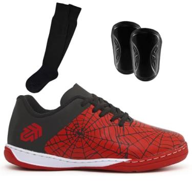 Imagem de Kit Chuteira Tênis Futsal Infantil Aranha Crianças + Caneleira e Meião (Vermelho, BR, Criança de 9 a 12 anos, Numérico, 28)