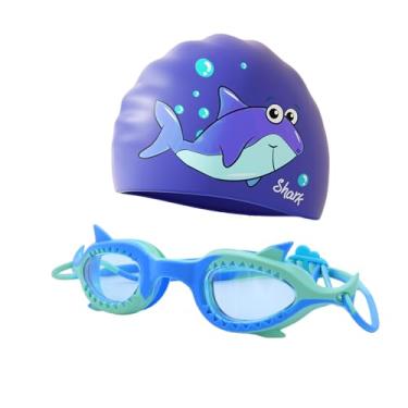 Imagem de MOSSTYUS Óculos de natação infantil com touca de natação de silicone conjunto de óculos de natação de tubarão fofo anti-nevoeiro anti-UV para meninos de 3 a 12 anos, azul