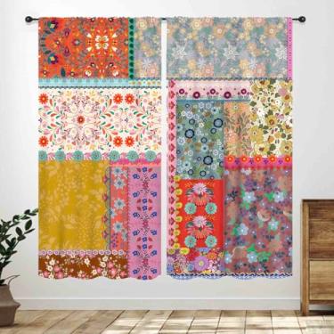 Imagem de Cortinas florais boho, vintage patchwork flores country primavera flores silvestres coloridas tratamentos de janela para meninas senhora quarto sala de estar cozinha cortinas 66 cm L x 213 cm C