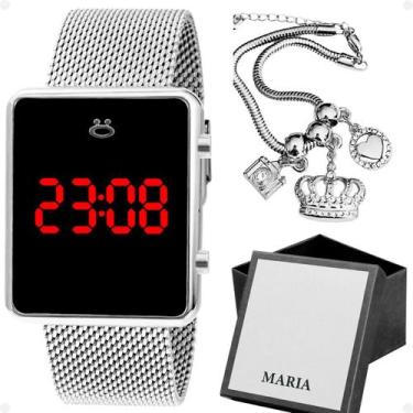 Imagem de relogio digital feminino aço inox delicada pulseira caixa + prata pres