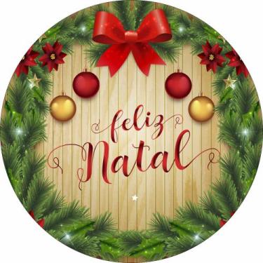 Imagem de Painel de Lona Redondo Feliz Natal Guirlanda Fundo Madeira - Fabrika d