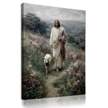 Imagem de KU-DaYi Decoração de arte de parede de cordeiro de Jesus cristão vintage, imagens de impressão em tela de Jesus religioso, versículo bíblico rústico cottagecore arte de parede para decoração de casa