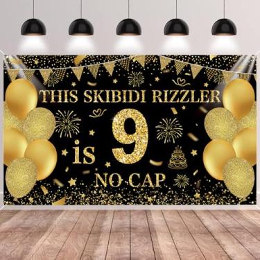 Imagem de SMENGGIL Black Gold This Skibidi Rizzler is 9 No Cap Happy Birthday Pano de Fundo Banner Fotografia Decorações de Fundo para Meninos Meninas 9º Ano Aniversário Acessórios Suprimentos 185 x 110 cm