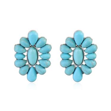 Imagem de Vavhoo Brincos pendentes de gota de flor geométrica turquesa natural, lágrima étnica para mulheres, boêmia, ocidental, joia boho étnica, Large, Metal, Sem pedra preciosa