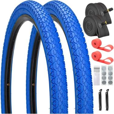 Imagem de SIMEIQI Pacote com 2 pneus e tubos de bicicleta Beach Cuiser de 66 x 5,125 cm, vermelho ou azul com tiras de aro e adesivos sem cola (azul, 26 x 2,125)