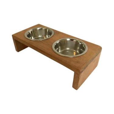 Imagem de Comedouro Duplo Elevado de Madeira Inox Cachorro Gatos - Ô Bichim, Nat