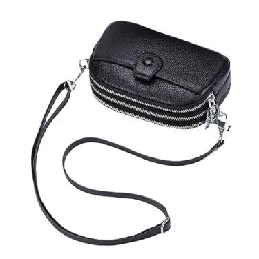 Imagem de Bolsa transversal de couro legítimo para mulheres com três zíper, simples, tamanho pequeno, celular, transversal, para meninas,, B - preto, P
