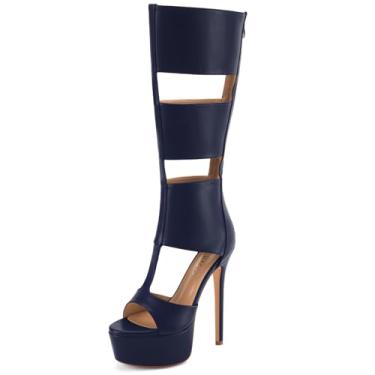 Imagem de Perisis Sandálias gladiadoras plataforma até o joelho para mulheres sexy aberto peep toe salto alto stiletto moda verão vestido festa dança botas com zíper, Azul-marinho PU, 38