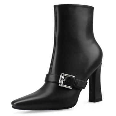 Imagem de Perisis Botas de cano curto, salto alto, grosso, preto, bico quadrado, fechado, curto, com zíper lateral, salto de 10 cm, padrão de crocodilo para mulheres e mulheres sexy, Poliuretano preto, 38