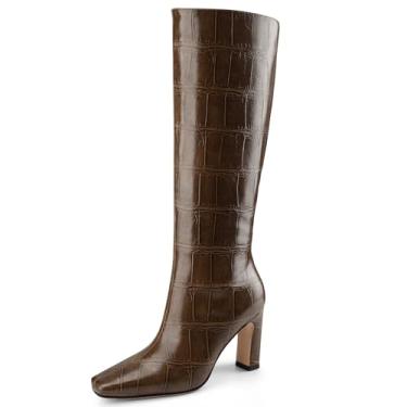 Imagem de Perisis Botas de cano alto femininas pretas longas botas altas de salto alto grosso bico quadrado padrão crocodilo botas de couro com zíper lateral para mulheres sexy, Marrom escuro, 42