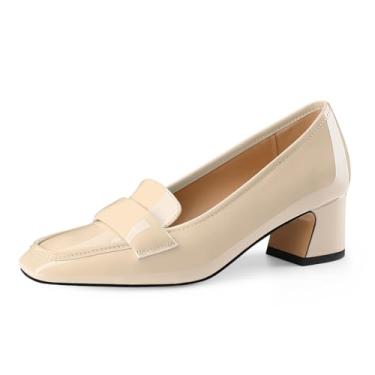 Imagem de Mocassins femininos de bico quadrado, salto baixo, grosso, preto, couro envernizado, confortável, sem cadarço, trabalho, elegante, sapatos clássicos, Bege envernizado, 37