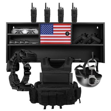 Imagem de Sidasu Rack de equipamento policial tático – Organizador de metal montado na parede com cofre trancável e bandeiras americanas duplas – Armazenamento seguro para equipamentos de aplicação da lei