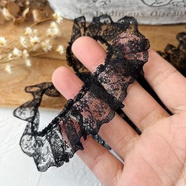 Imagem de Fita de acabamento de malha reunida com borda de organza plissada de 10 metros, 2 cm de largura, estilo vintage, acabamento bordado, aplique bordado, enfeite de vestido de noiva, decoração DIY (preto)