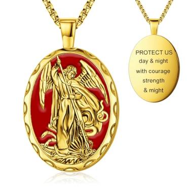 Imagem de OigvcoTe Colar com pingente de São Miguel, banhado a ouro 24K com esmalte vermelho, corrente de 40 cm, medalha de proteção religiosa, formato oval, 44 Millimeters, Metal, Zircônia cúbica