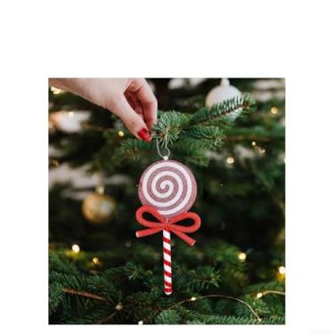 Imagem de Ornamento de pirulito vermelho de Natal com design de doce de laço rosa, decoração de plástico de 21 cm para decoração de árvore de Natal em ambientes internos e externos, pingente de feriado leve de