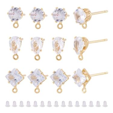 Imagem de Cheriswelry Brinco de zircônia cúbica banhado a ouro 18 quilates, 18 peças, conjunto de brincos de pedra CZ de cristal transparente, losango, plano, redondo, dourado, com porcas de orelha para