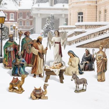 Imagem de MorningRo Conjunto de presépio de Natal ao ar livre, 12 peças, decorações de jardim de metal grande de 132 cm de altura com estaca, alto José realista, Maria, bebê Jesus, anjo, três reis, pastor