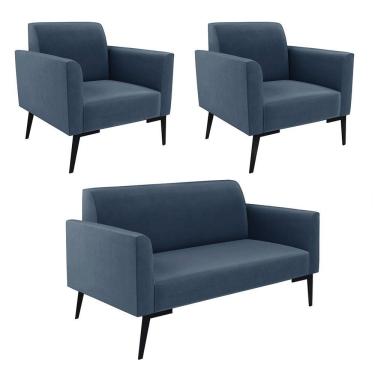 Imagem de Sofá Namoradeira Com 2 Poltronas Pés Villach Marisa Suede D03 - D\'rossi Cor Azul Marinho
