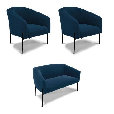 Imagem de Sofá Namoradeira E 2 Poltronas Pé Ferro Pto Stella Bouclê D03 - D'rossi Cor Azul