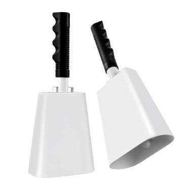 Imagem de Defabee Sino de vaca de 25 cm com alça, 2 sinos de torcida para eventos esportivos, criadores de ruído de percussão, sino de mão de aço branco sólido