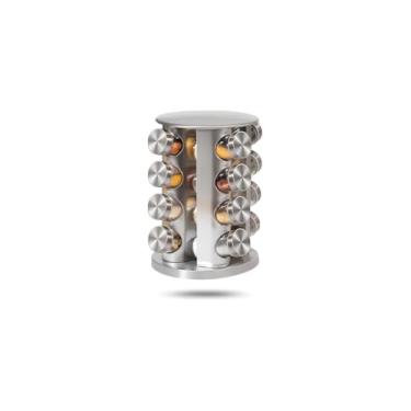 Imagem de Porta Condimentos Torre com 16 Potes de Vidro 80ml, Aço Inox e Madeira, 30x12x28cm, com Tampa Inox e Peneira Dosadora