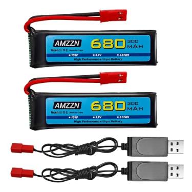 Imagem de AMZZN 2 baterias Lipo 3,7V 680mAh 1S com plugue JST e cabo de carregamento USB para drone UDI U817 U818A V959 V222 V929 S032 RC, acessórios de bateria de aeronaves de quatro eixos (2 pilhas + 2 USB)